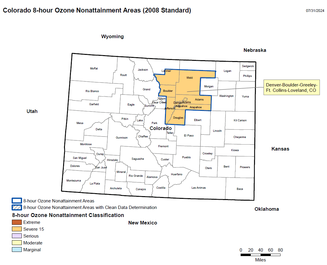 A map of Colorado with the Denver-Boulder-Greeley-Ft. Collins-Loveland region highlighted to indicate its Severe Ozone Nonattainment Classification.
