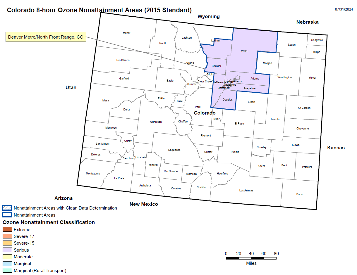 A map of Colorado with the Denver Metro/North Front Range region highlighted to indicate its Serious Ozone Nonattainment Classification.