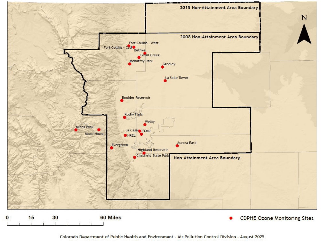 A map showing the locations of air quality monitors in and near the Denver Metro/North Front Range. The map shows 19 monitors across Weld, Larimer, Boulder, Denver, Jefferson, Adams, and Arapahoe Counties as of August 2025.