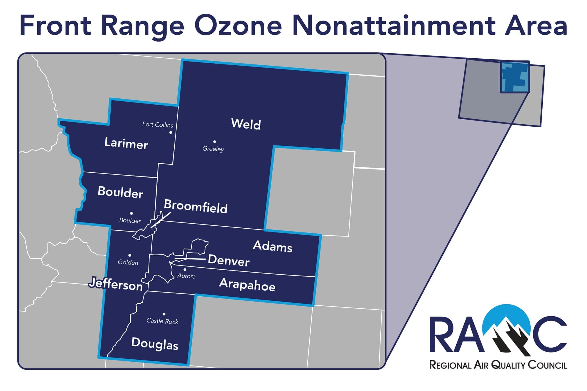 Map of the Front Range Ozone Nonattainment Area covering Larimer, Weld, Boulder, Broomfield, Adams, Denver, Arapahoe, Jefferson and Douglas counties, with a Colorado locator map.