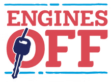 Engines Off logo, red and blue with a key
