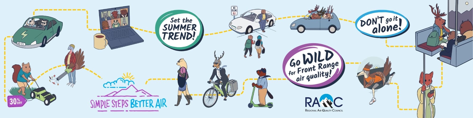 Simple Steps. Better Air. illustration: Colorado animals linked by a yellow dashed path mow with an electric mower, ride e-bikes and scooters, take transit, carpool and skip idling